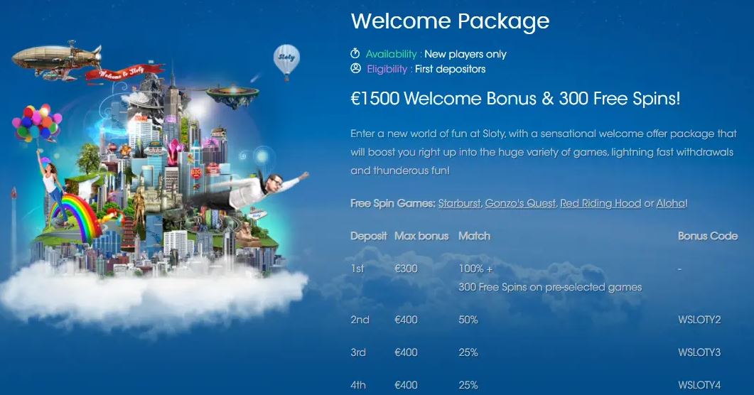 Explore complete Sloty welcome package with deposit tiers